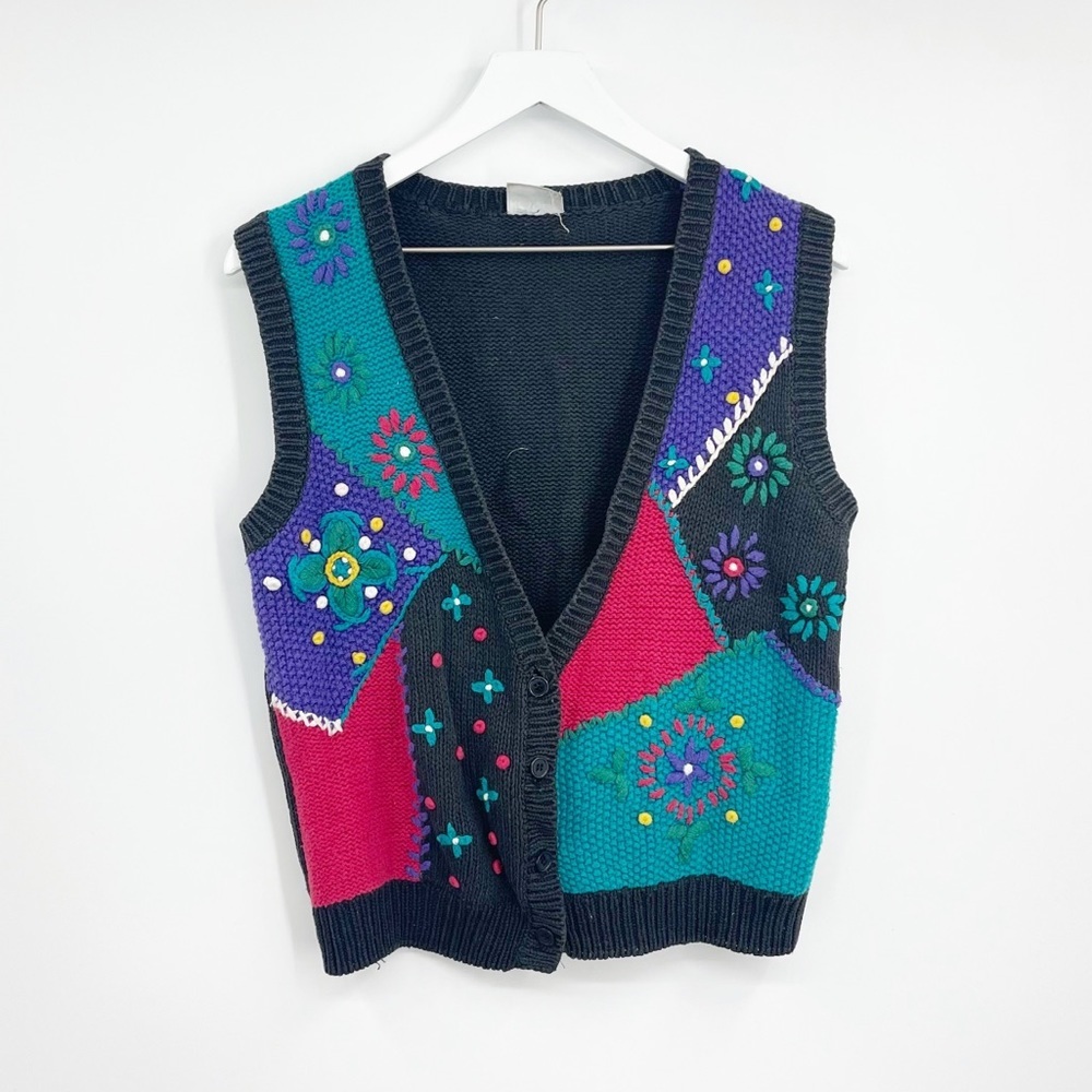 Vintage 90s Floral Cottagecore Sweater Vest SZ S Grandma Sweater
